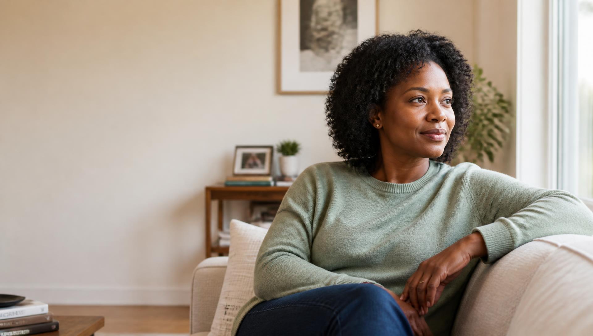 A woman in everyday clothing relaxing in warm natural light