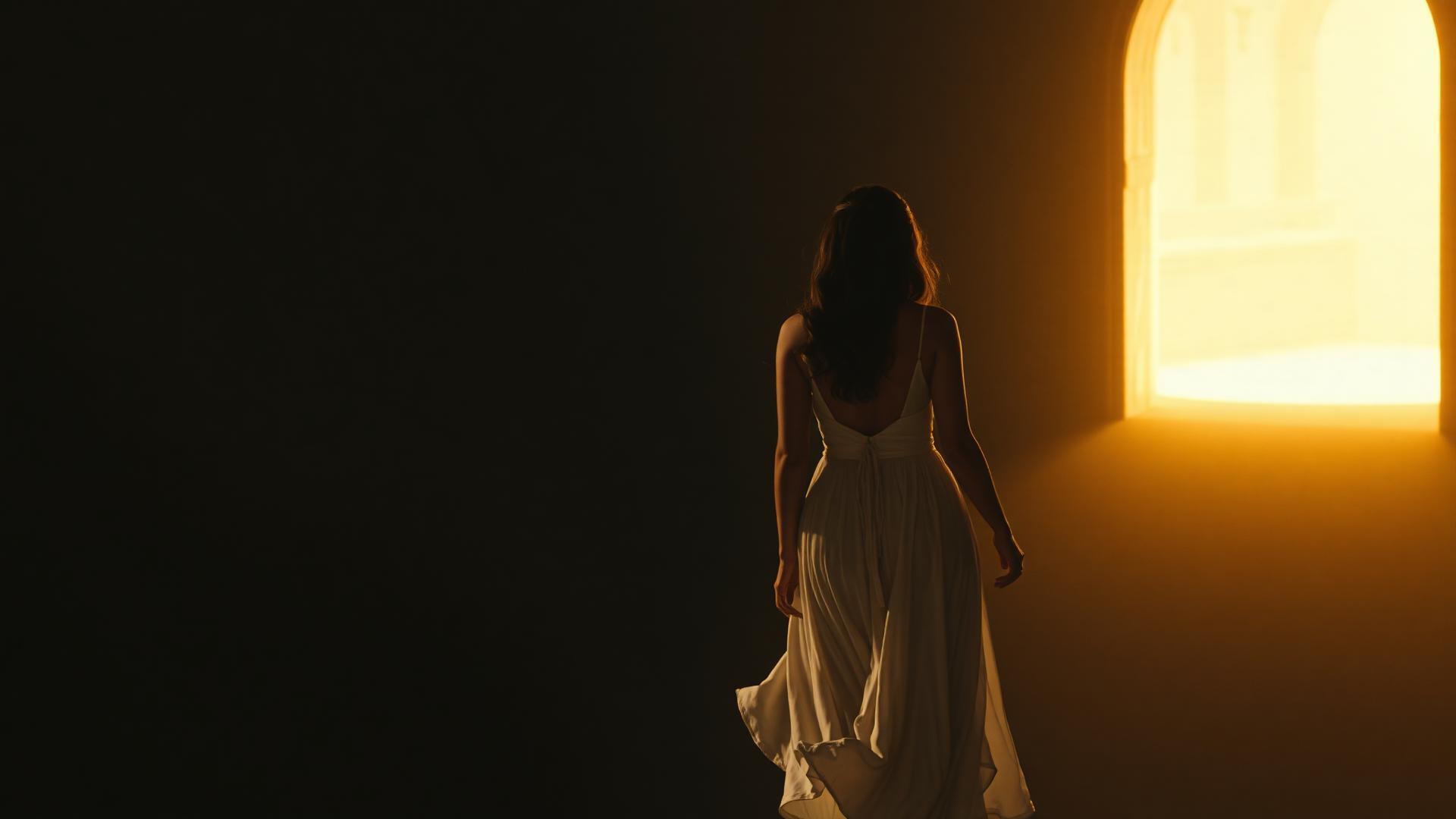 A woman in a flowing cream dress walking toward warm light